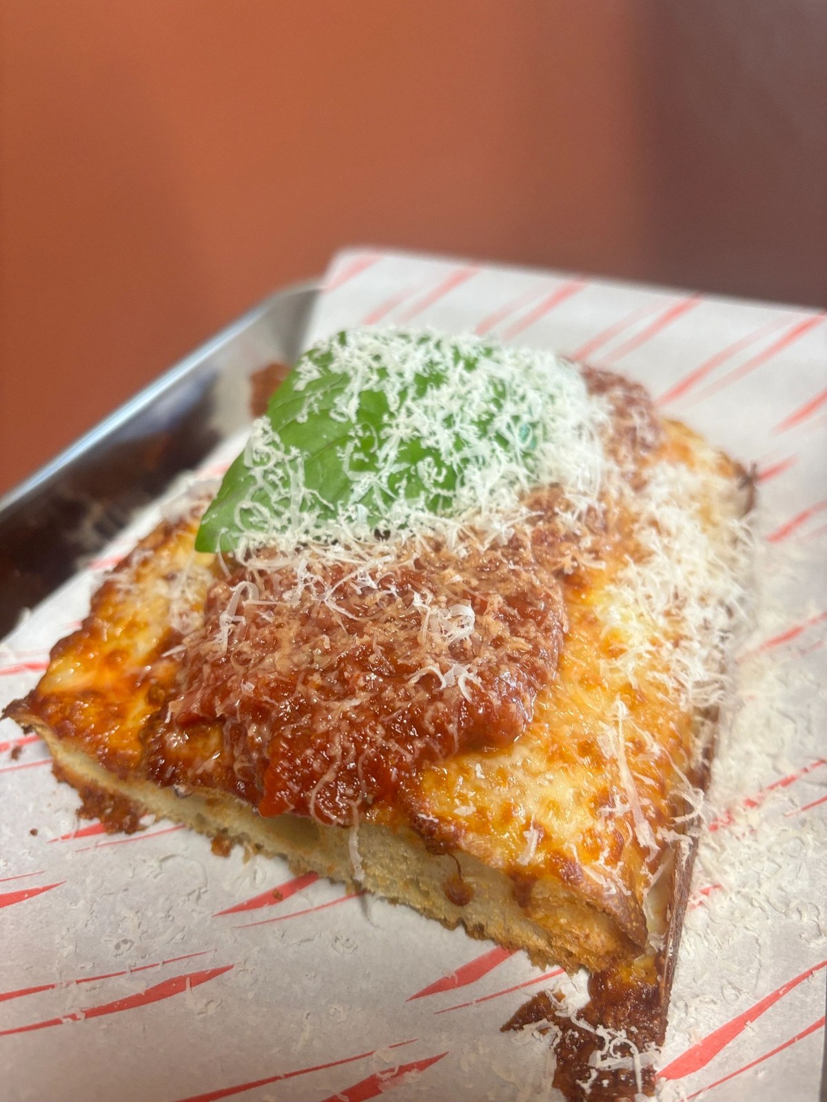 A square Detroit-style pizza at Roni & Rita’s