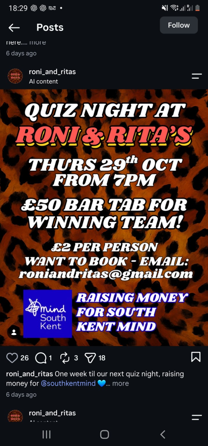 Official quiz poster: Thursday 29 October from 7pm, £2 per person, £50 bar tab prize, supporting South Kent Mind